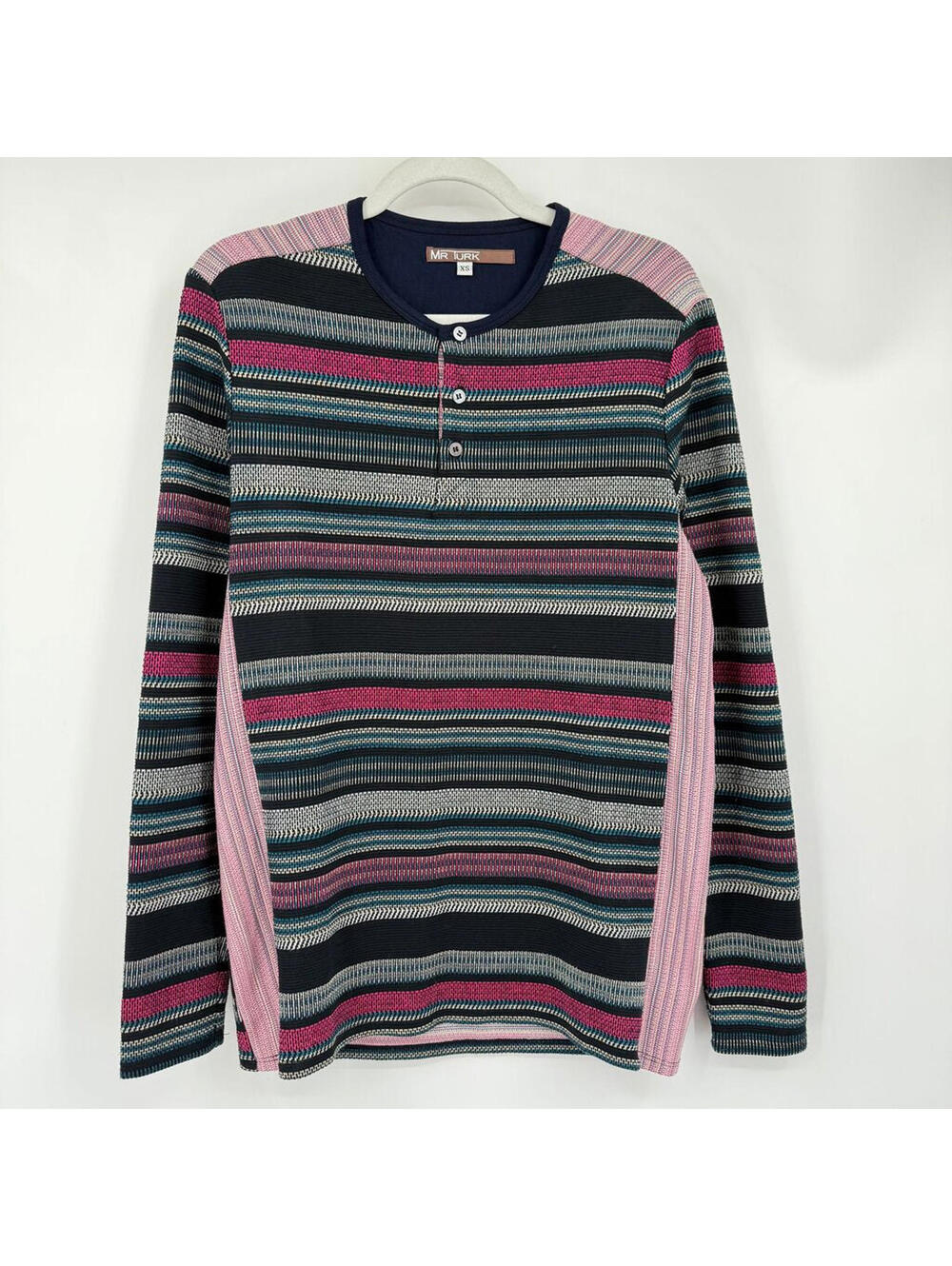 Men's Mr Turk Navy Blue Patterned Long Sleeve Henley Top XS Extra Small